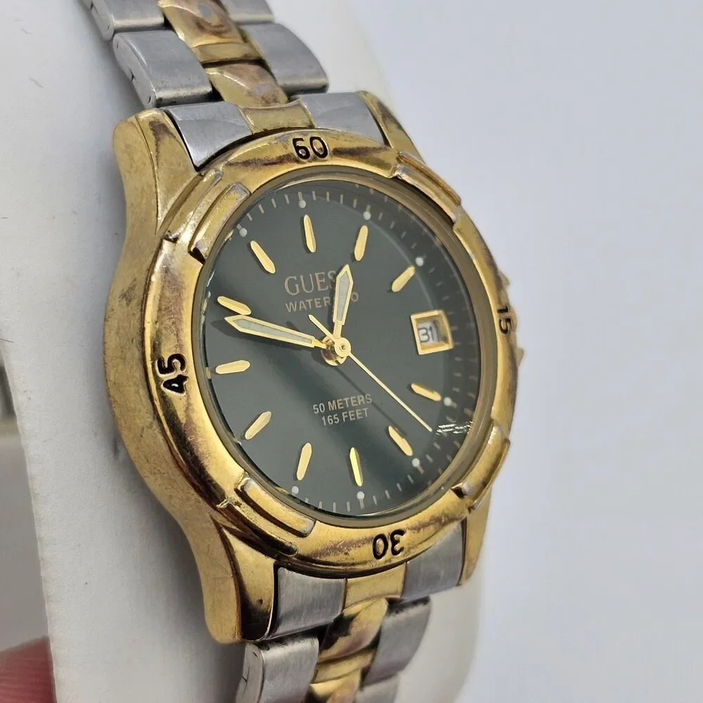 VTG Guess Women's Watch‎ 28MM Green Dial Date Two Tone Bracelet 6